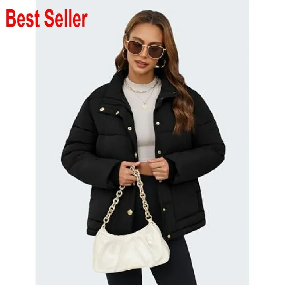Cropped Puffer Jacket Winter Stand Collar Zip Up Snap Button Lightweight